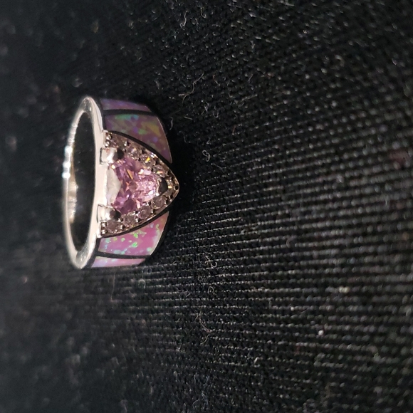 Silver Tone Ring with Inlaid Abalone & Heart Shaped Pink Sapphire on CZ Stones - Picture 5 of 6
